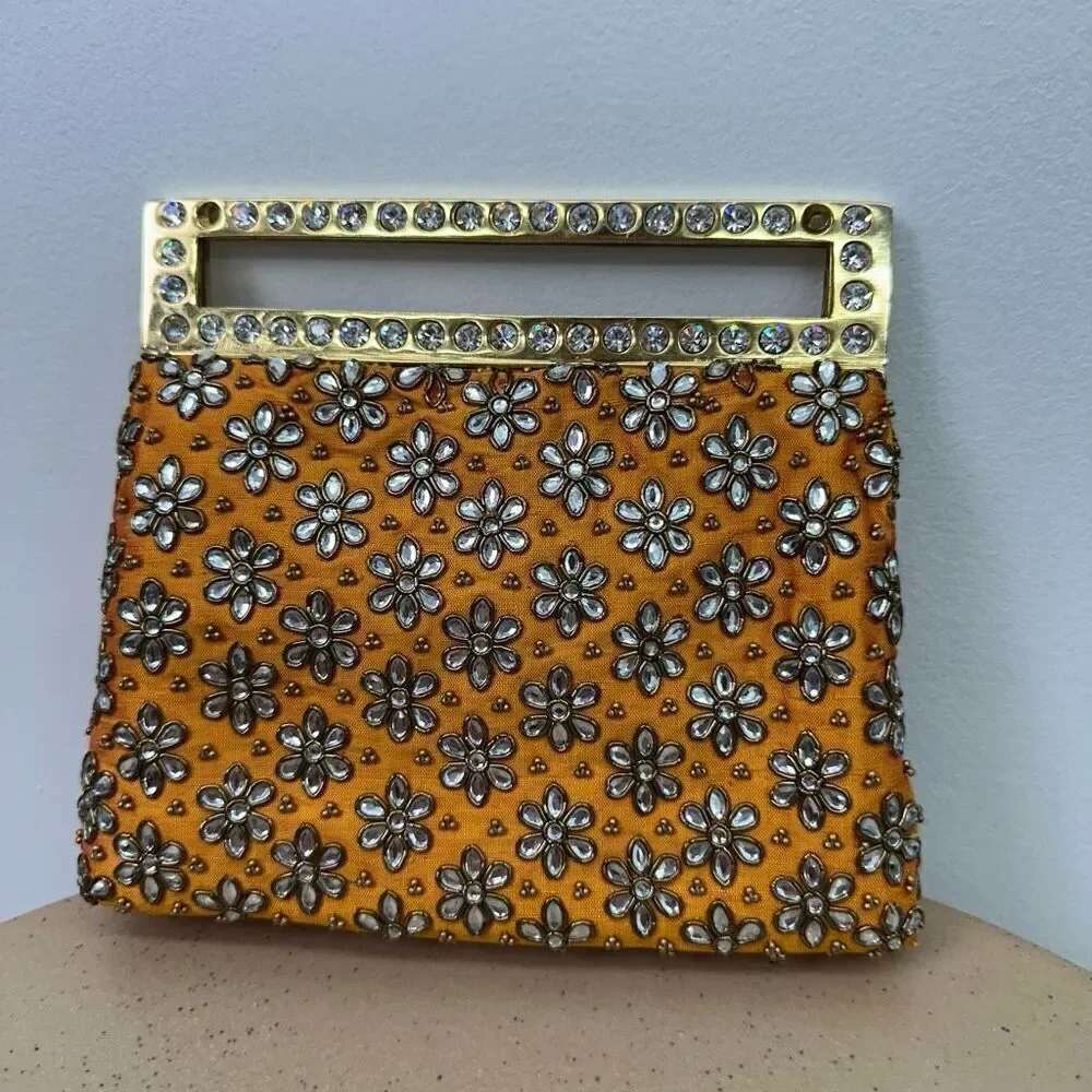 Meera Mahadevia Fully Embellished Satin Marigold Yellow Clutch Purse